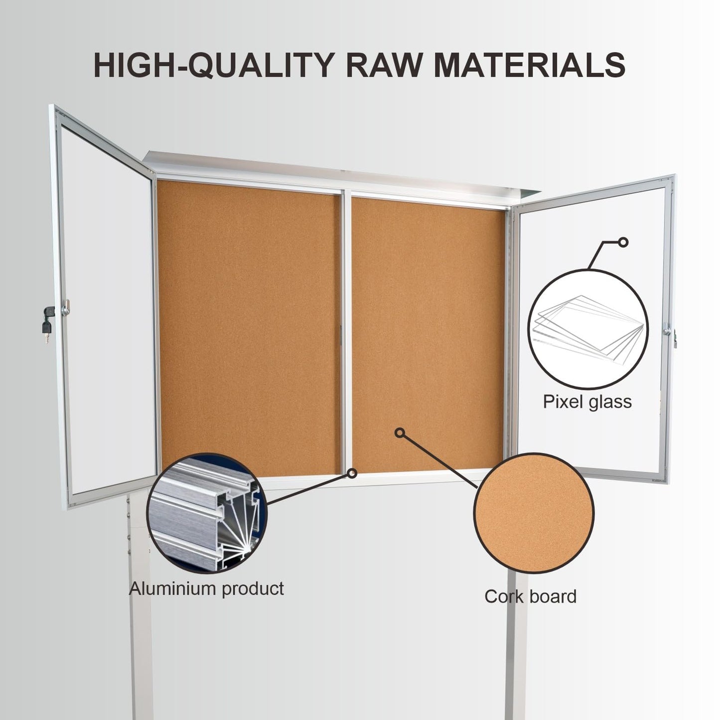 Standing Enclosed Bulletin Board 36”x48” Weather-Resistant Outdoor Noticeboard with Locking Doors，Community Sign with Metal Pole & Silver Aluminum Frame & Cork Presentation Board