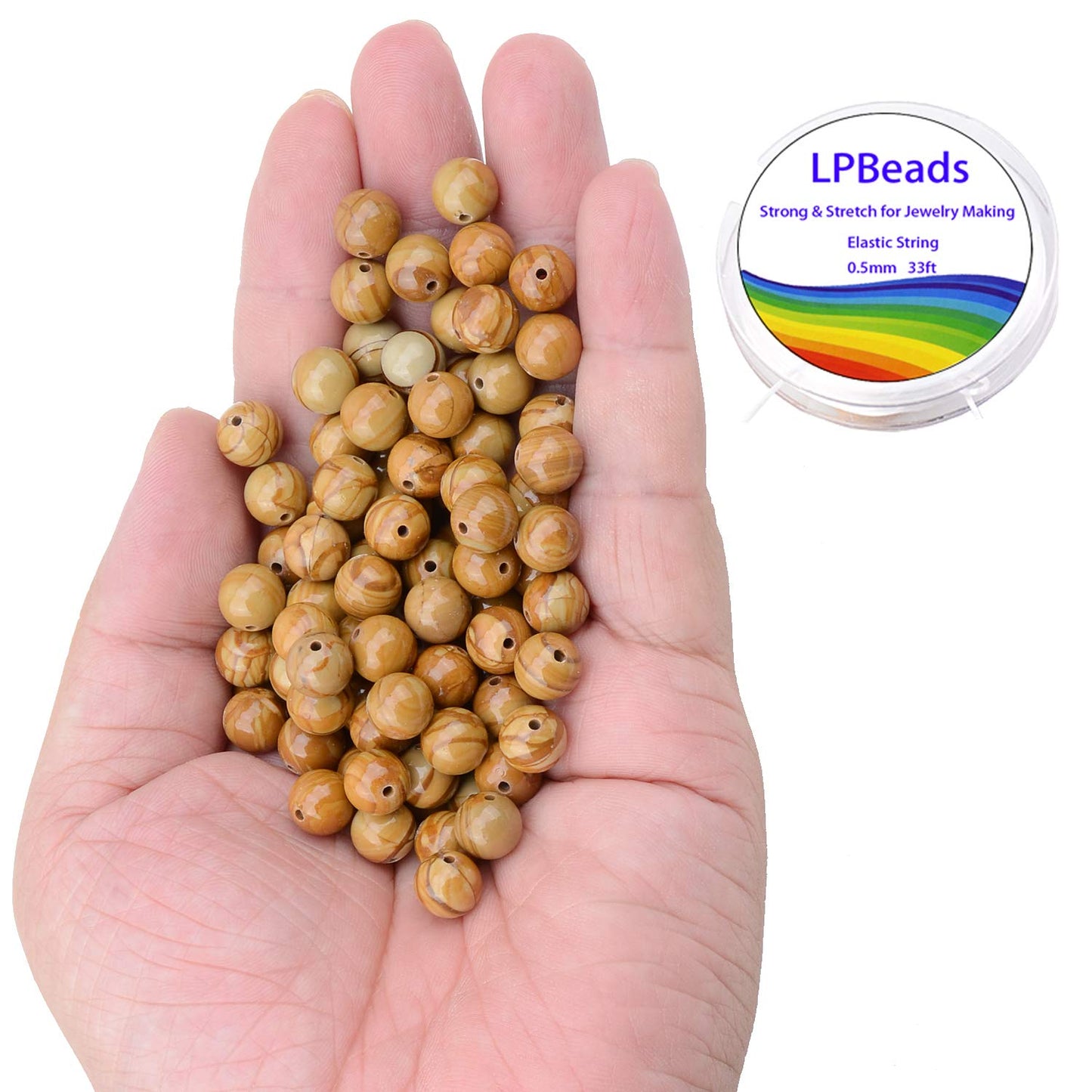 LPBeads 100PCS 8mm Natural Wood Veins Jasper Gemstone Round Loose Beads for Jewelry Making with Crystal Stretch Cord