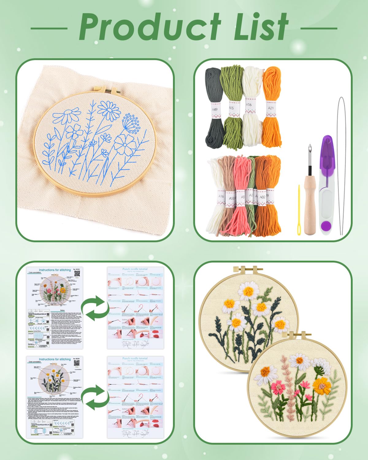 ERKOON Punch Needle Kit Adults Beginners, 2 Pcs DIY Easy Flower Embroidery Set for Starter Art Craft, Needling Punching Project with Patterns, Tools, Yarns, Hoop, Instruction (Daisies)