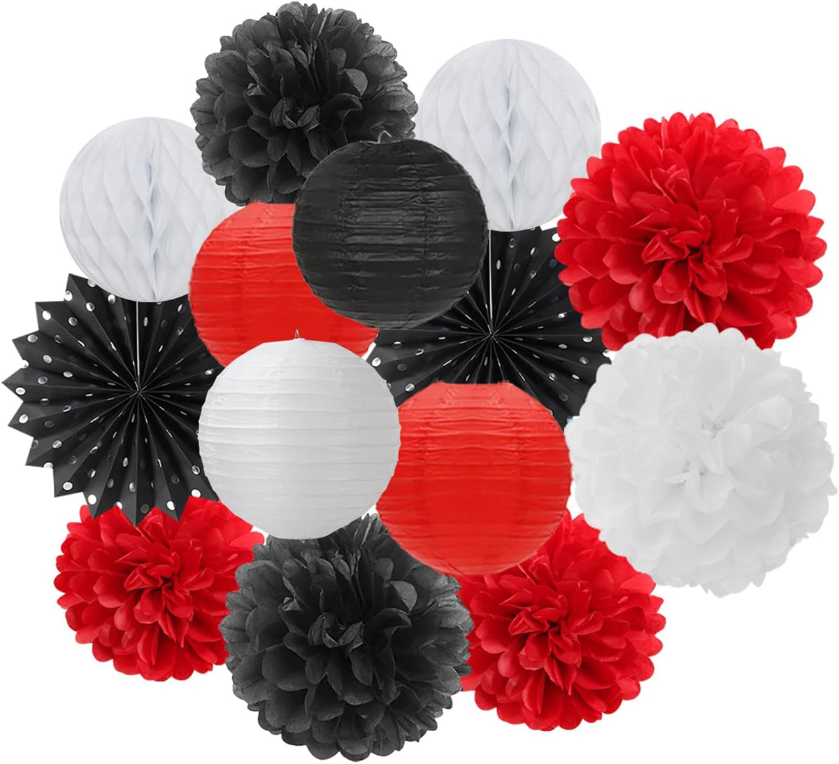 Black White-Red Party-Decorations Streamers Lanterns - 14pcs Birthday Graduation 2025 Paper Honeycomb Fan,Tissue Pom Poms,Men Women Wedding Baby Shower Backdrop Supplies Decor Ouruola