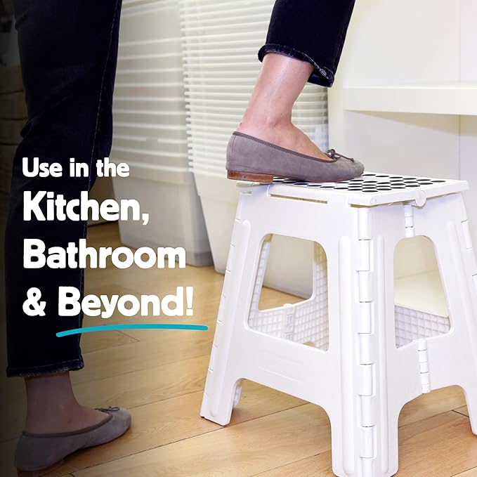 Kikkerland Rhino Foldable Step Stool – Holds Adults up to 300 Lbs, Best for Kitchen & Bathroom – Collapsible, Portable, Lightweight Stepping Stool with Sturdy, Non-Slip Design – White, 15”