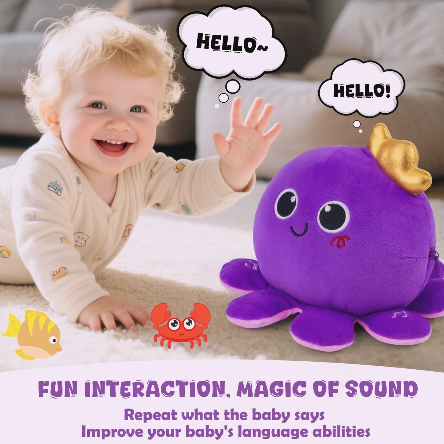 Octopus Baby Crawling Musical Interactive Toys with 97 Melodies, Talking Repeat Function Language Learning for Newborn Infant, Safe Plush Sensory Learning Montessori Toy for Toddlers Gift 0+ Months