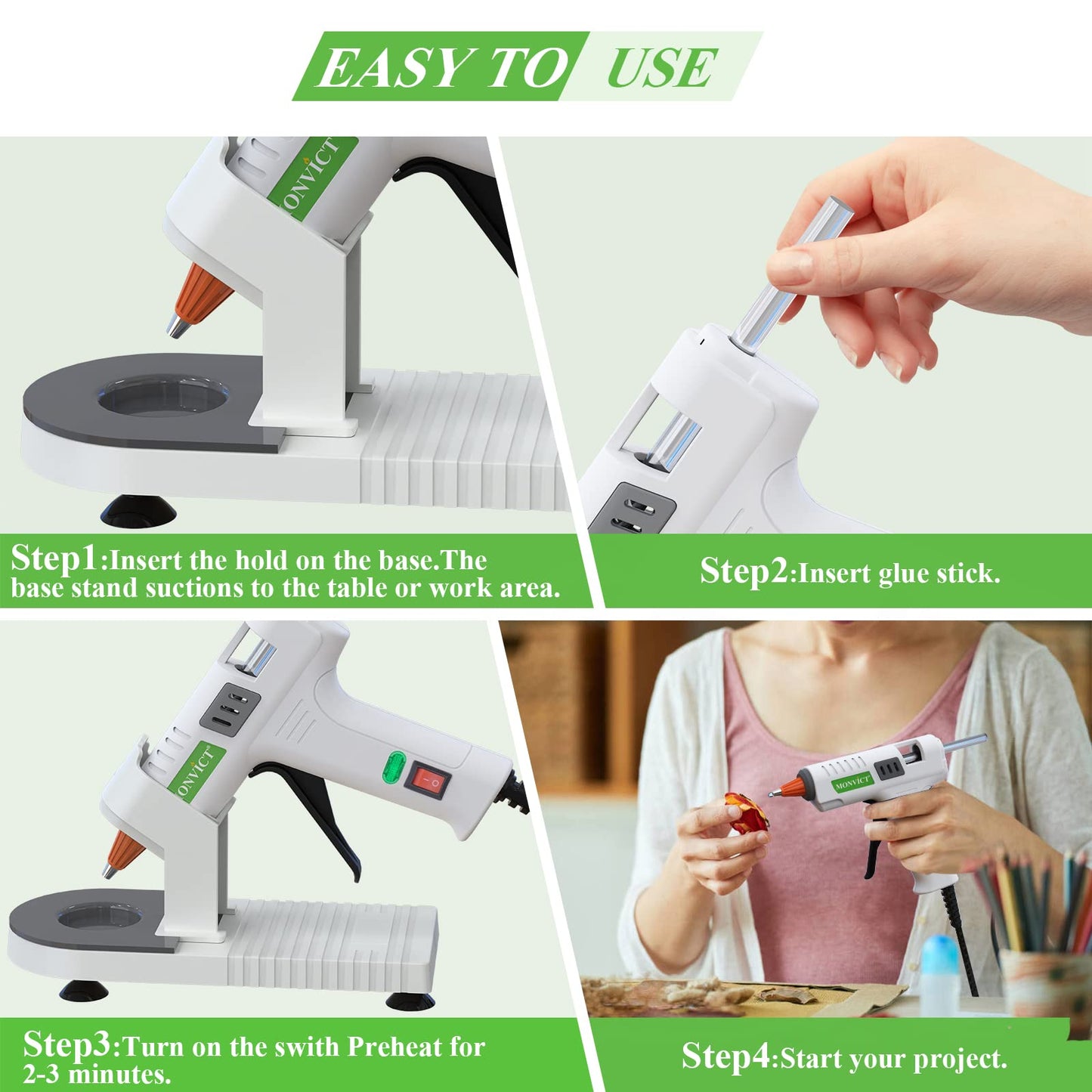 MONVICT MC-808 Hot Glue Gun Kit with Pack of 230 Mini Hot Glue Sticks, Suction Cups Stand & Anti Stick Silicone Mat, On/Off Switch Design for DIY, Crafts, Home School Project…