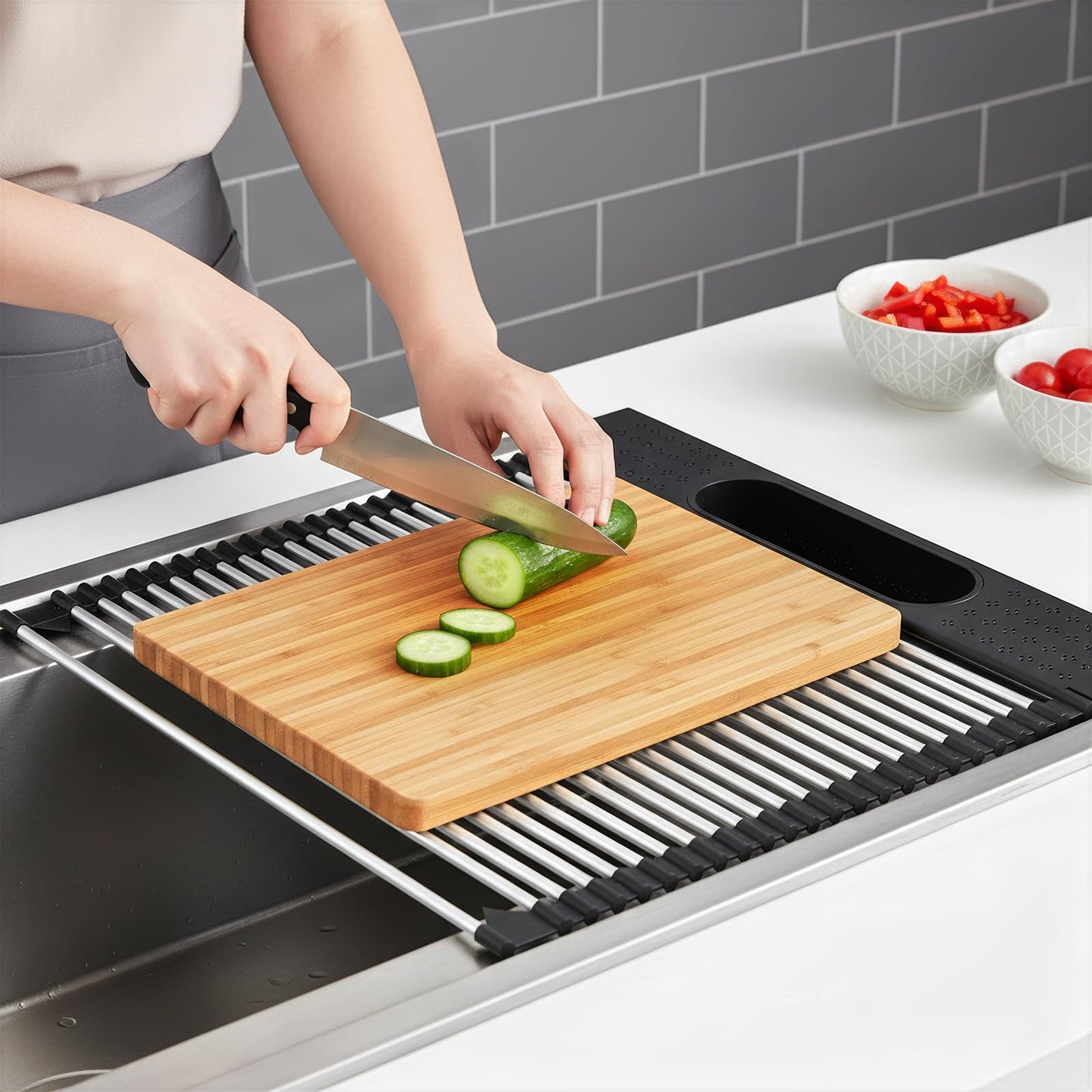 KEGFRES Roll Up Dish Drying Rack Over Sink, 17.5" x 15.2" Foldable SUS304 Stainless Steel Kitchen Dish Drainer, Heat-Resistant Multipurpose Rolling Sink Rack Organizer,Black