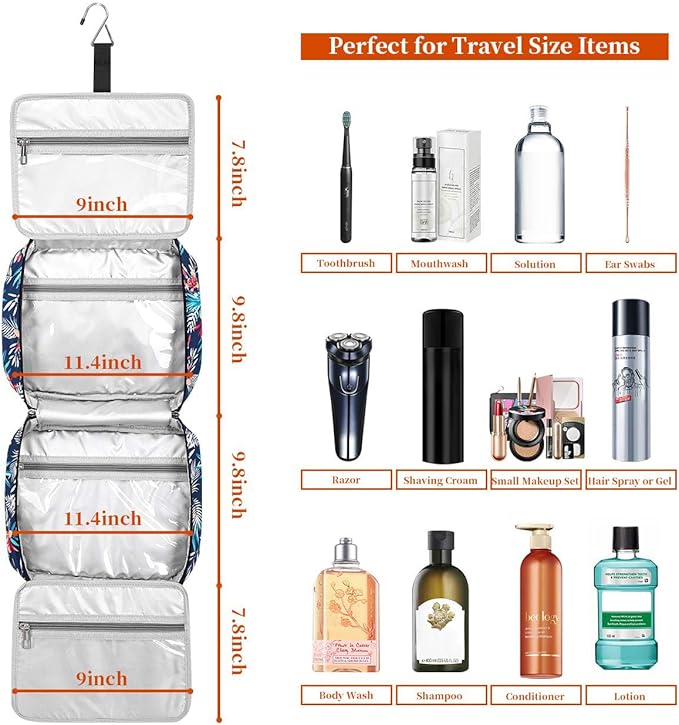 Bosidu Hanging Travel Toiletry Bag,Large Capacity Cosmetic Travel Toiletry Organizer for Women with 4 Compartments & 1 Sturdy Hook,Perfect for Travel/Daily Use/Christmas