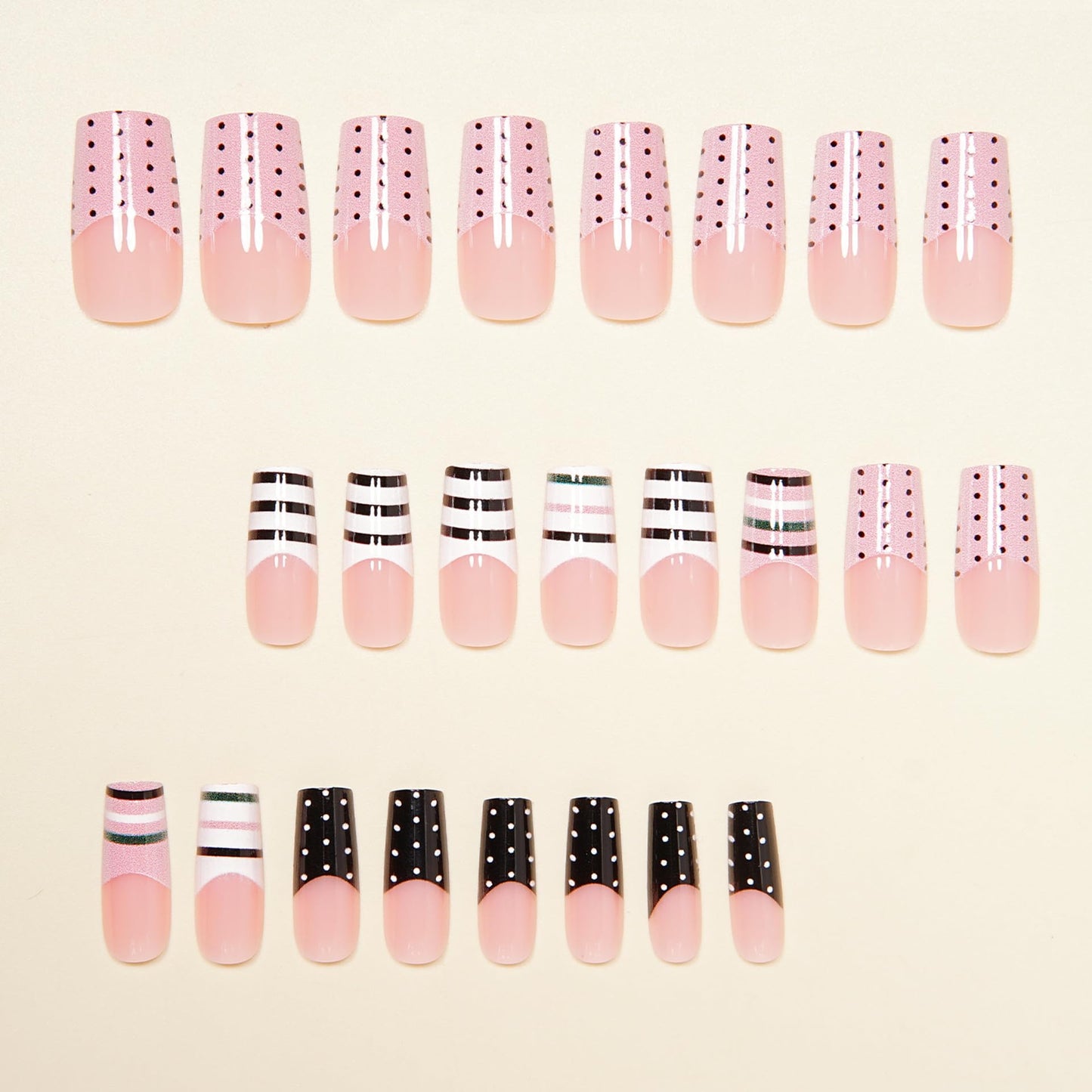Medium Press on Nails Polka Dot Square Fake Nails with Pink & White French Tip Full Cover Stick on Nails Glossy Stripe Reusable Acrylic False Nails Glue on Nails for Women 24Pcs