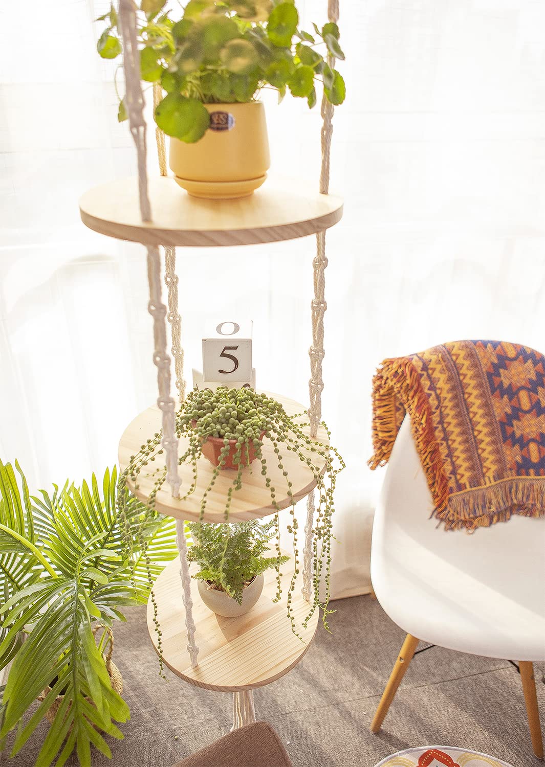 YKBU Macrame Plant Hanger Shelf Hanging Rope Shelf Indoor with Boho Lamp Shade 3 Tier Floating Round Shelves Decorative Shelf Flower Pot Holder Planter Display Rack Boho Home Decor-1 Set