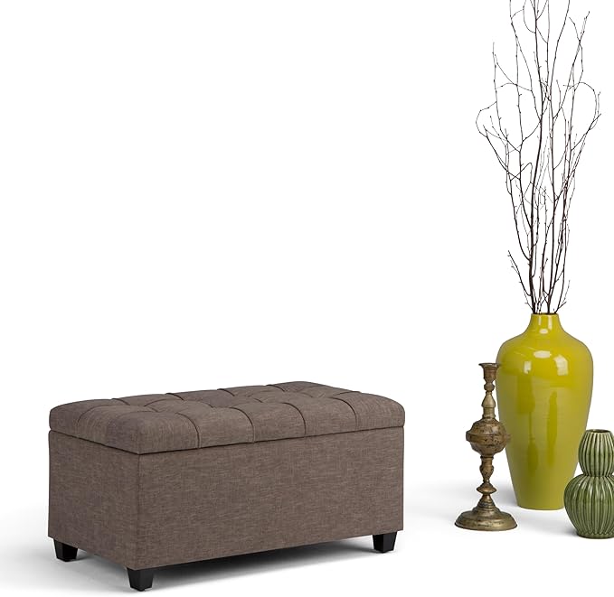 SIMPLIHOME Sienna 33 inch Wide Transitional Rectangle Storage Ottoman Bench in Fawn Brown Linen Look Fabric, Assembled, For the Living Room, Entryway and Family Room