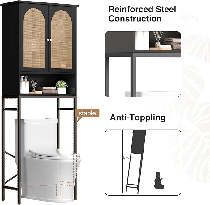 Rattan Toilet Storage Cabinet, Over The Rack Wood Cabinet with Metal Stand, Bathroom Organizer with Adjustable Shelf, Tall Freestanding Washer Shelf, Small Cupboard, Black