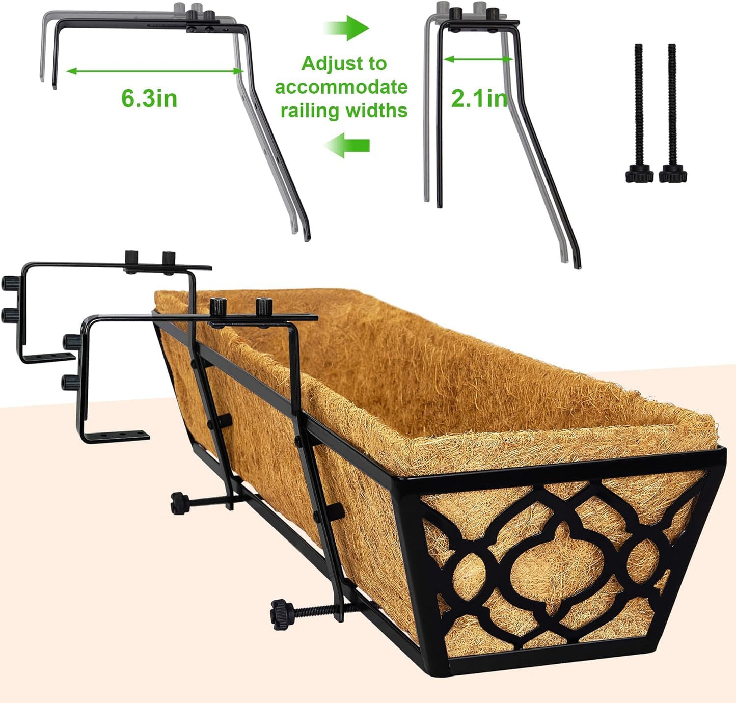 LAWYAMAI 24 Inch Railing Planter Box with Coco Liner, Adjustable Metal Hanging Planter, Window Box for Balcony Deck Fence, Outdoor Flower Box Black, 4 Pack