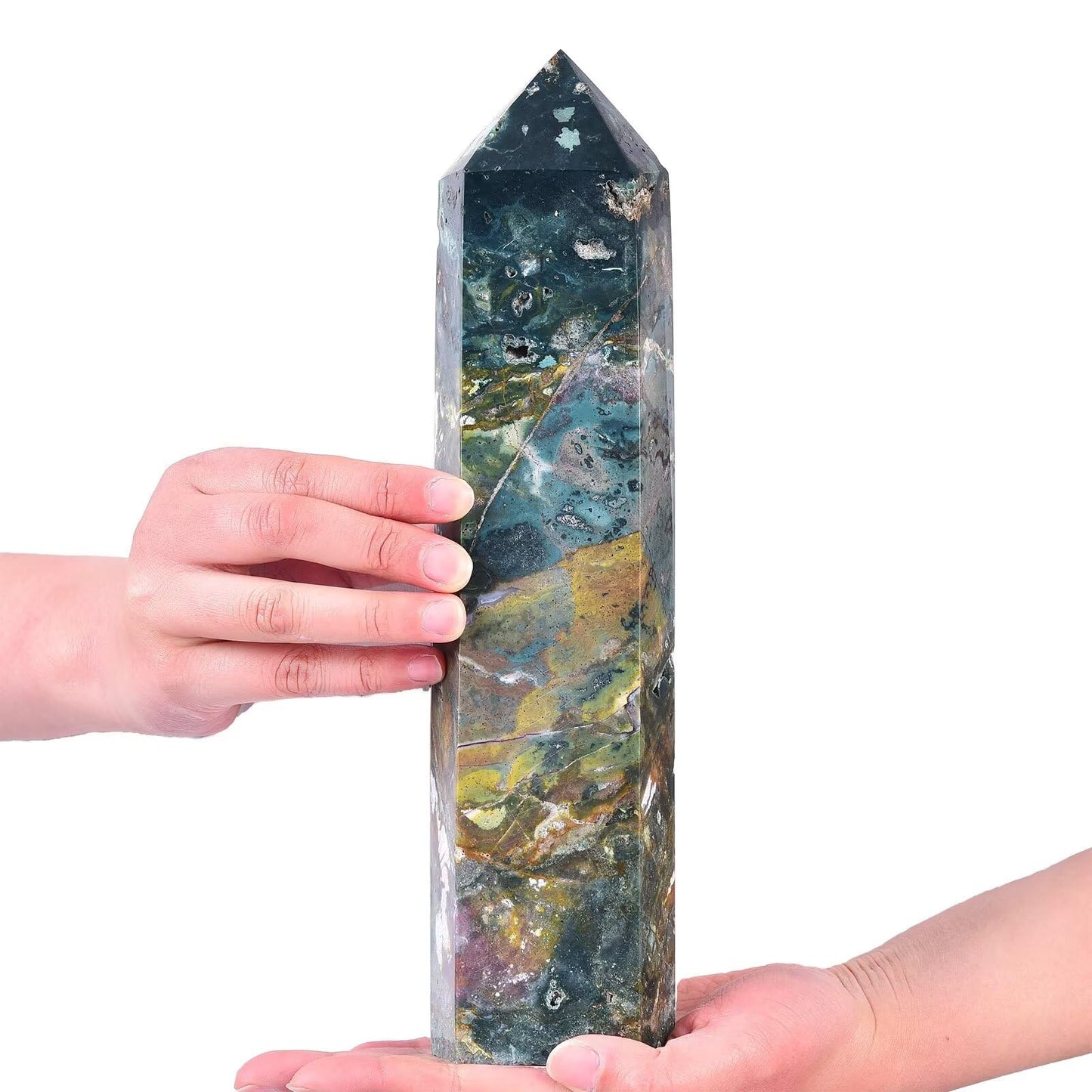 AMOYSTONE Large Ocean Jasper Stone Wand Healing Crystal Obelisk Tower 6 Faceted Column Reiki Chakra Meditation Therapy 2.2-2.6 LBS