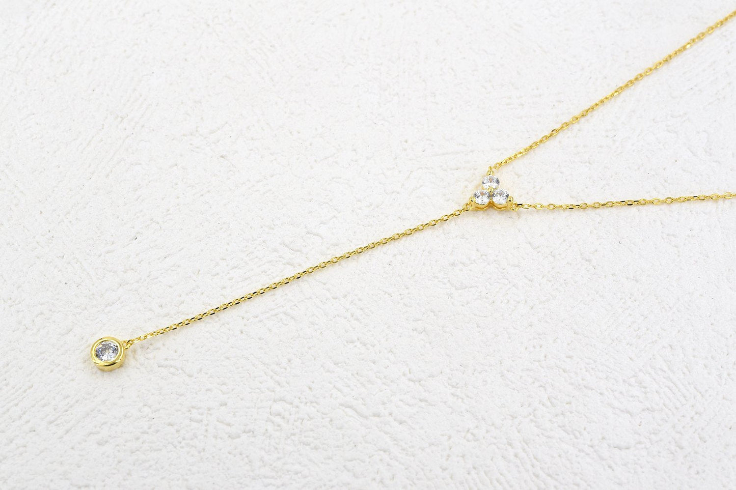 espere Womens Sterling Silver Dainty CZ Lariat Necklace Triple CZ Cluster Y-Shaped Necklace 18K Yellow Gold Plated