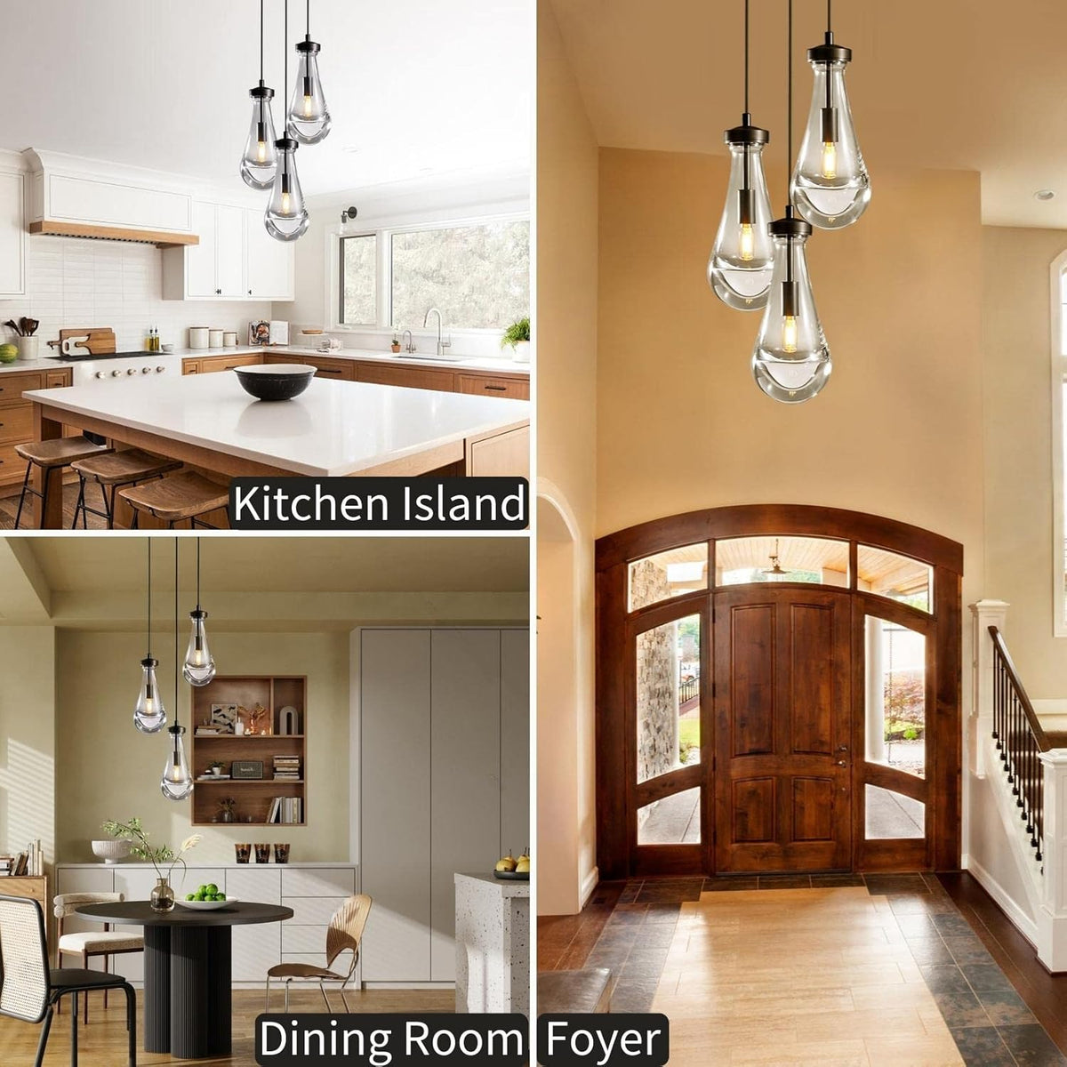 Bronze 3 Light Pendant Lighting, Raindrop Pendant Lights, Black Adjustable Hanging Rope Cluster Pendant Lighting Over Kitchen Island, Teardrop Glass Chandelier Dining Room Light Fixture