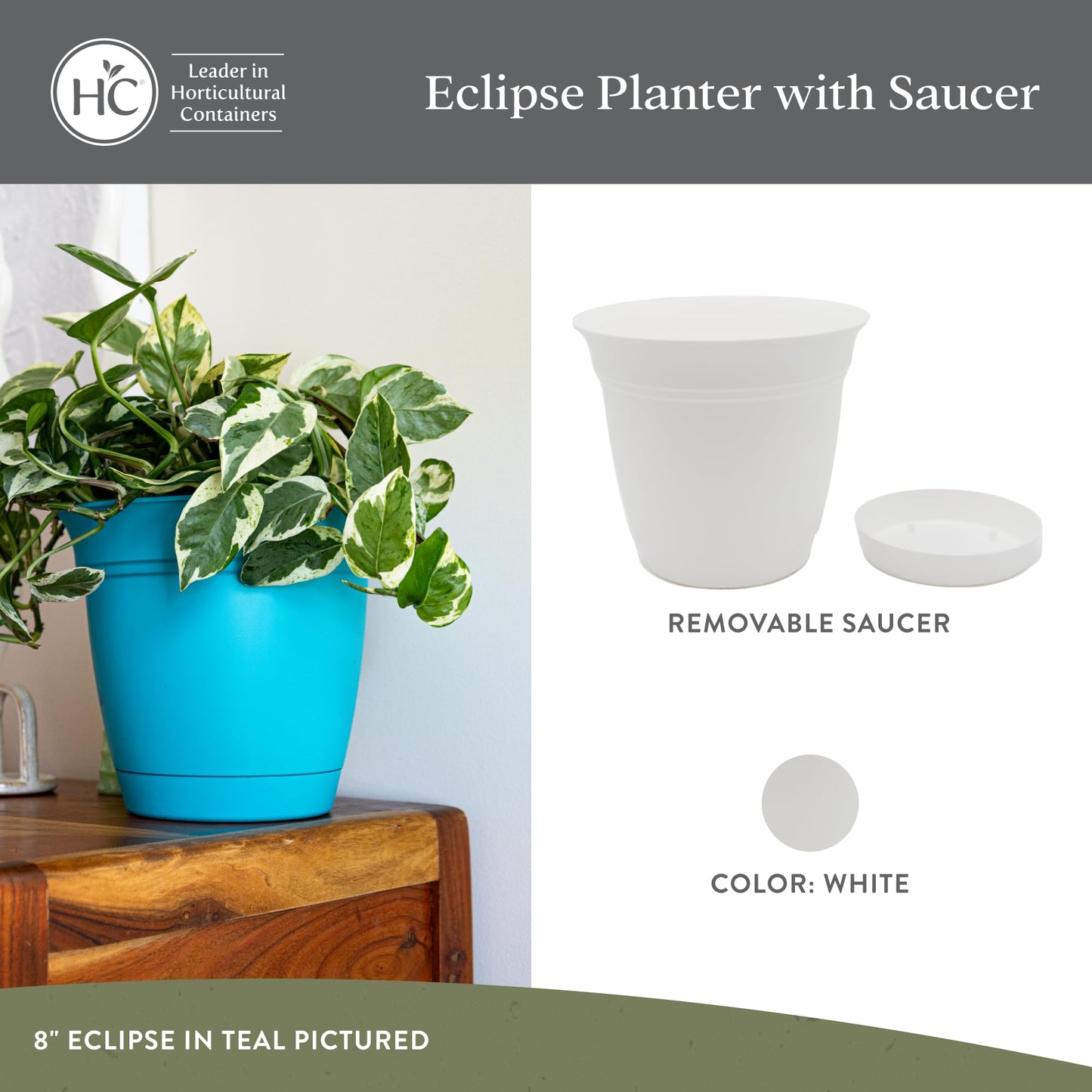 The HC Companies 6 Inch Eclipse Round Planter Pots with Drainage Holes & Attached Saucer, Lightweight UV-Resistant Plastic Indoor & Outdoor Planters, 4-Pack Flower Pots for Garden & Home Decor, White