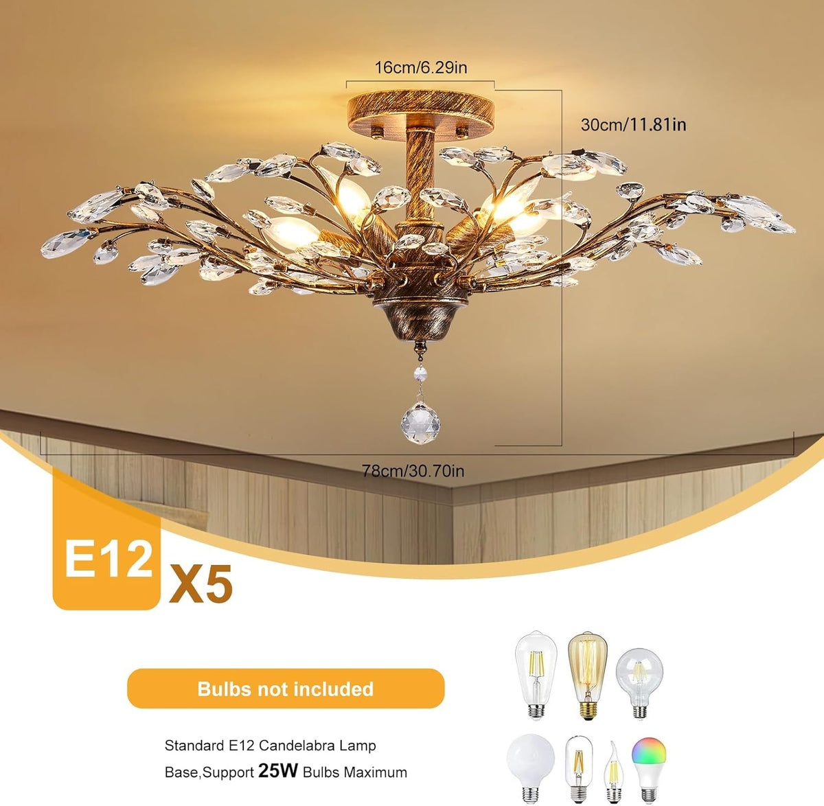 Ganeed Vintage Crystal Chandelier, Modern Bronze Branches Ceiling Light Fixture with 5-Light Heads for Farmhouse Living Room Dinning Room Kitchen Over Table Hallway