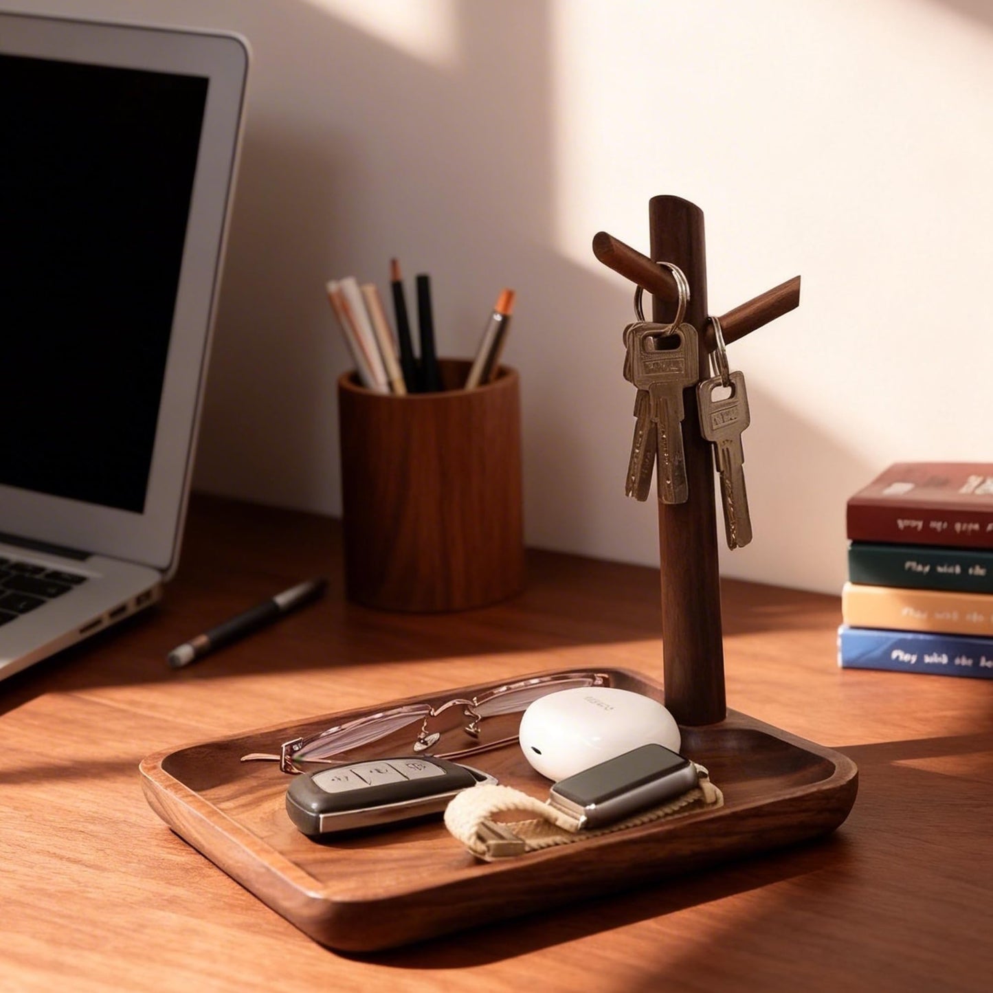 LIGNUMLOQU Solid Black Walnut Wooden Key Tray, Multi-Functional Key Bowl for Entryway Table, Key Holder Stand equipped with 3 Hooks, Wood Dish for Wallet,Watch,Mobile Phone and Jewelry Organizer