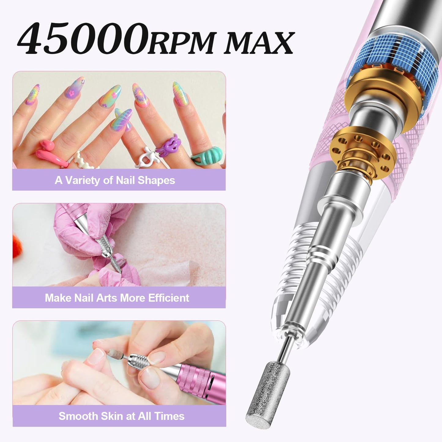Beloving Portable Nail Drill Professional, 45000RPM Rechargeable Nail Drill Electric File Machine for Acrylic Gel Polish Remover