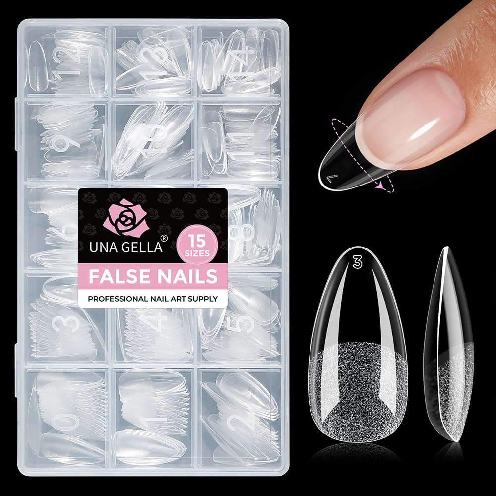 UNA GELLA Almond Nail Tips Medium 15 Sizes 300PCS Pre-Etched Gel Acrylic Nail Tips Almond Shape Easy Salon Press On Nails Long-Lasting Hold Full Cover Fake False Nails Snug Fit