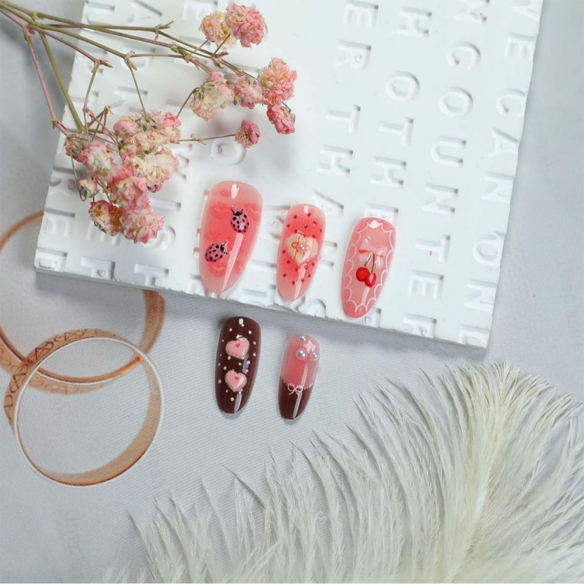 30Pcs Romantic Valentines Press on Nails Medium Almond Fake Nails with 3D Cherry Heart Bow Pearl Designs Cute Glue on Nail Sexy Red Lips False Nails Pink Acrylic Full Cover Stick on Nail for Women