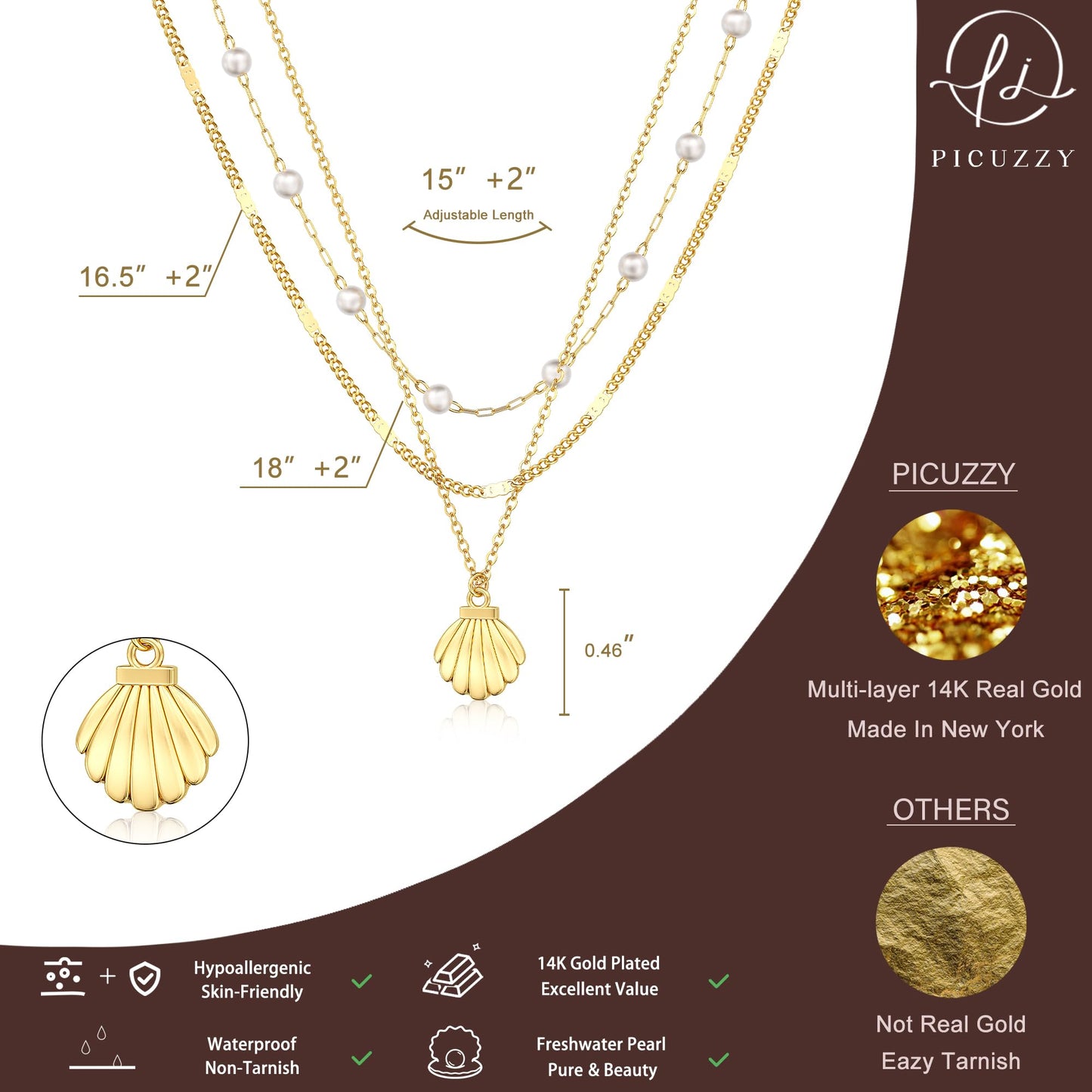 Picuzzy 14K Gold Plated Layered Seashell Pendant Necklace for Women Trendy Sea Shell Beach Stackable Necklace Stack Ocean Coastal Tropical Nautical Vacation Summer Jewelry Pearl Accessories for Women