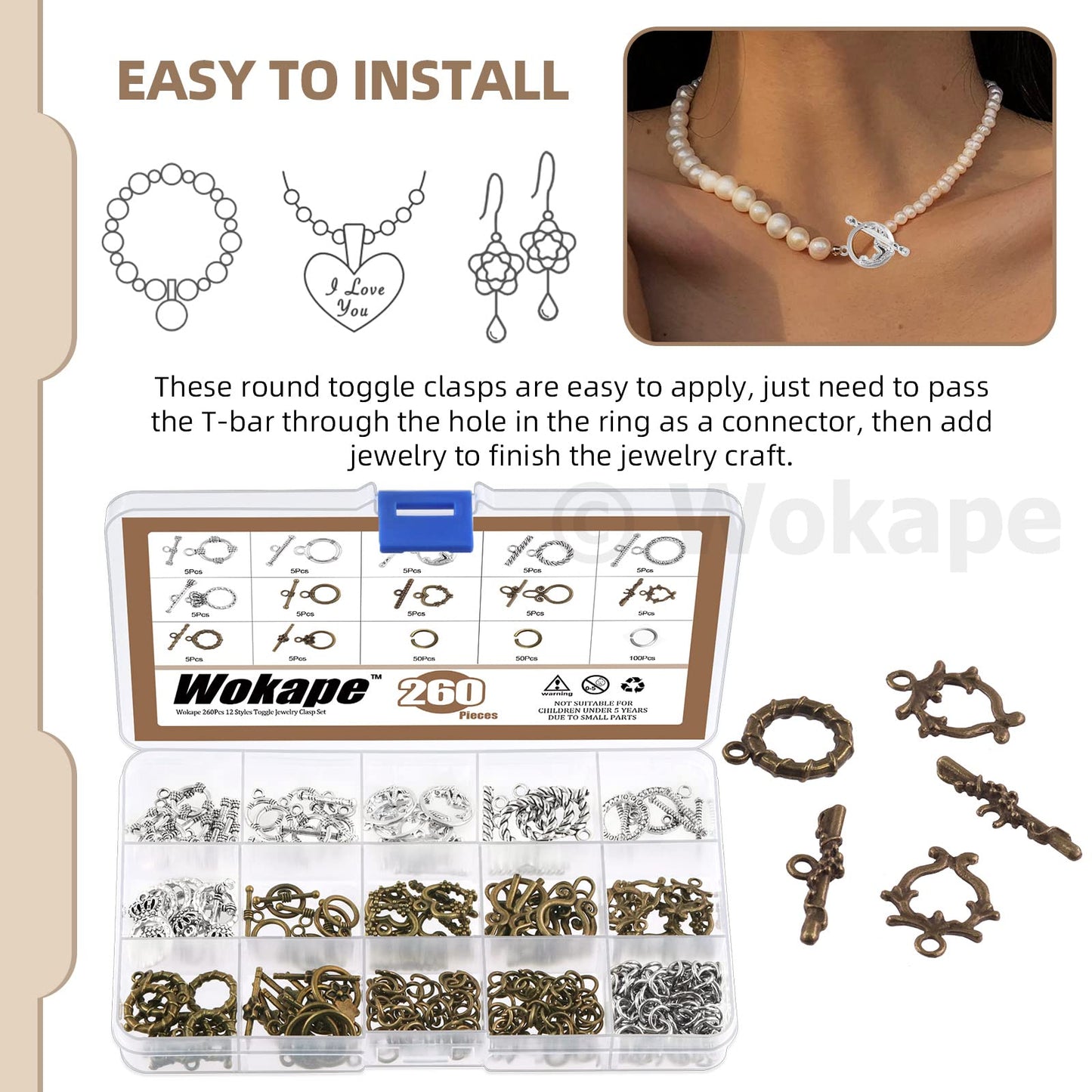 Wokape 260Pcs Tibetan Alloy Toggle Clasps with Open Jump Rings, 12 Styles T-bar Closure Clasp IQ Toggle Clasps Fastener Hook Toggle Connectors for Jewelry Making DIY Craft
