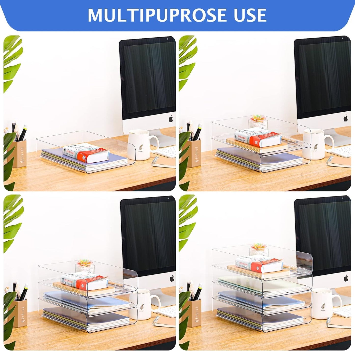 LALOBLUE Stackable Letter Tray Desk Organizer, Set of 4 Clear PET Paper & File Organizers, Document Storage for Office Supplies