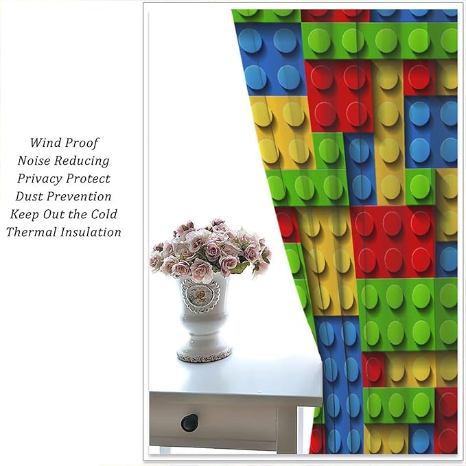 Kids Building Blocks Toy Curtains for Kids Room W63 x L63 Inch Rod Pocket Contour Plastic Colorful Toy Bricks Geometric Print Pattern Curtains for Boys Girls Bedroom 2 Panels