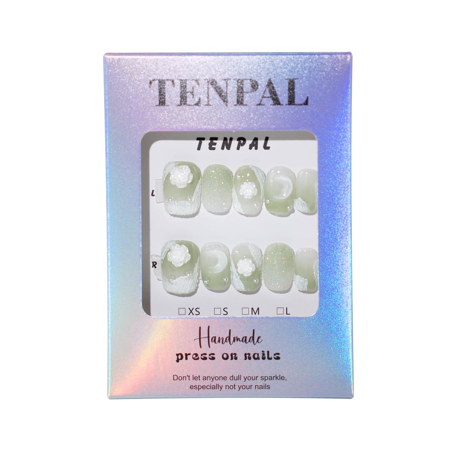 TENPAL Matte Gypsum Green Nails Handmade Press on Nails Short Square Acrylic Fake Nails with Camellia Moon Designs 10pcs/box Full Cover Artificial False Nails Sweet Cute Glue on Nails(M)