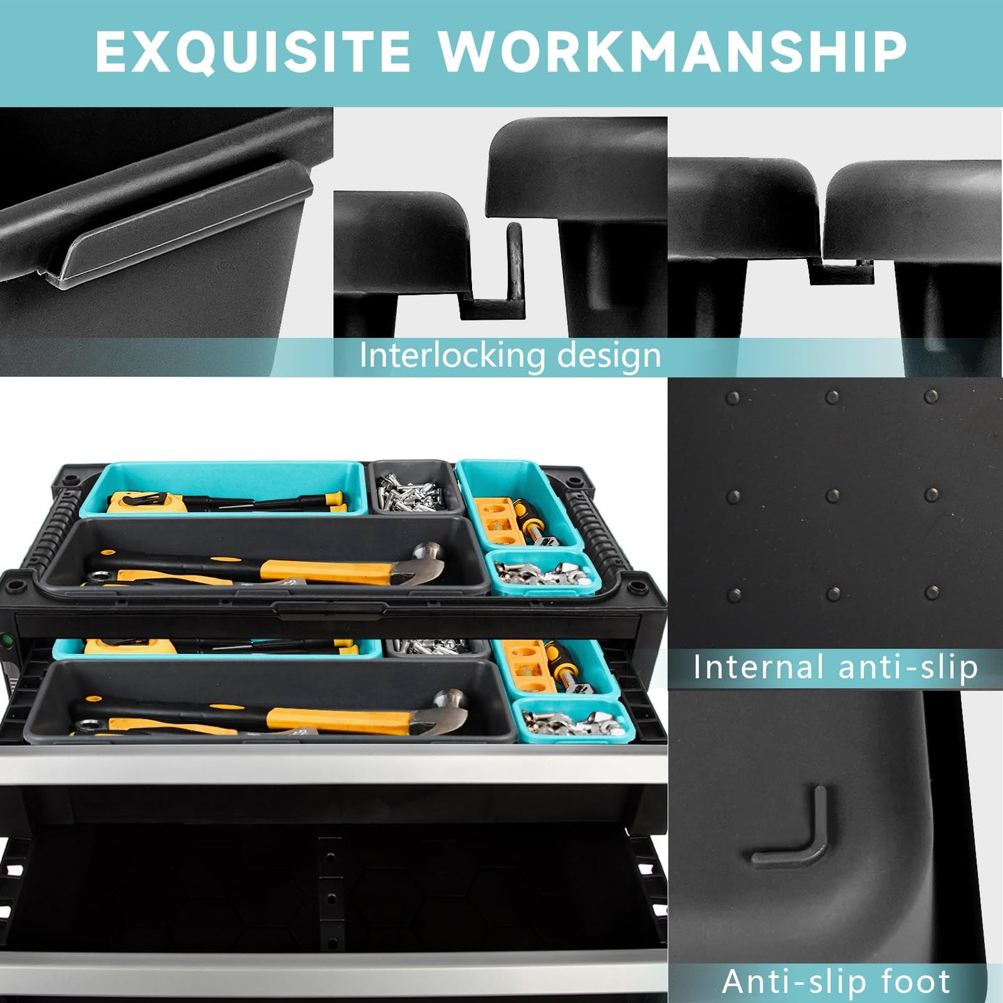 FLYVOLE Tool Box Organizer Tray, Toolbox Desk Drawer Organizer, Tool Box Tray, Toolbox Organization Storage for Rolling Tool Chest (60PCS (Blue+Black))