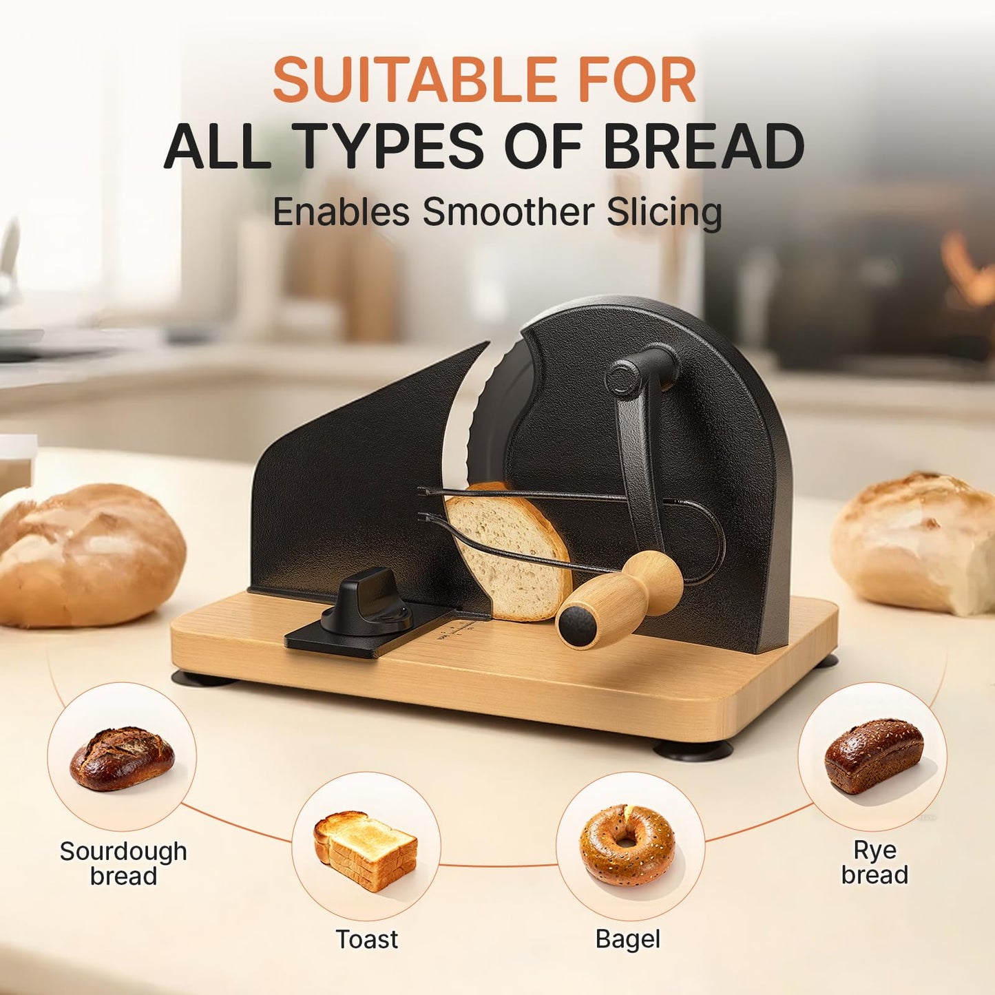 Upgraded Manual Bread Slicer for Homemade Sourdough Bread Adjustable Thickness& Evenly Slicing, Metal Guide, Hand Crank Bread Slicer with Scale Line & Suction Base,Sharp Stainless Steel Blade
