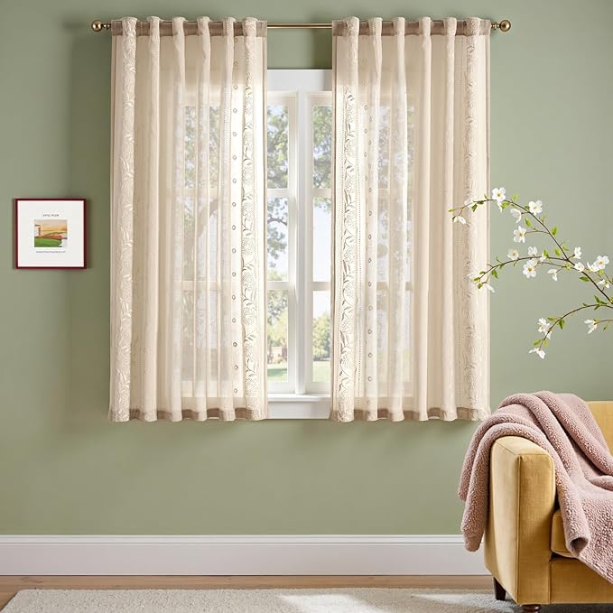 jinchan Winslow Sheer Curtains 63 Inch Length for Dorm Bedroom Bordered Floral Pattern Decorations Short Curtains Light Filtering Window Treatments, 50W x 63L, Ivory on Beige, 2 Panels