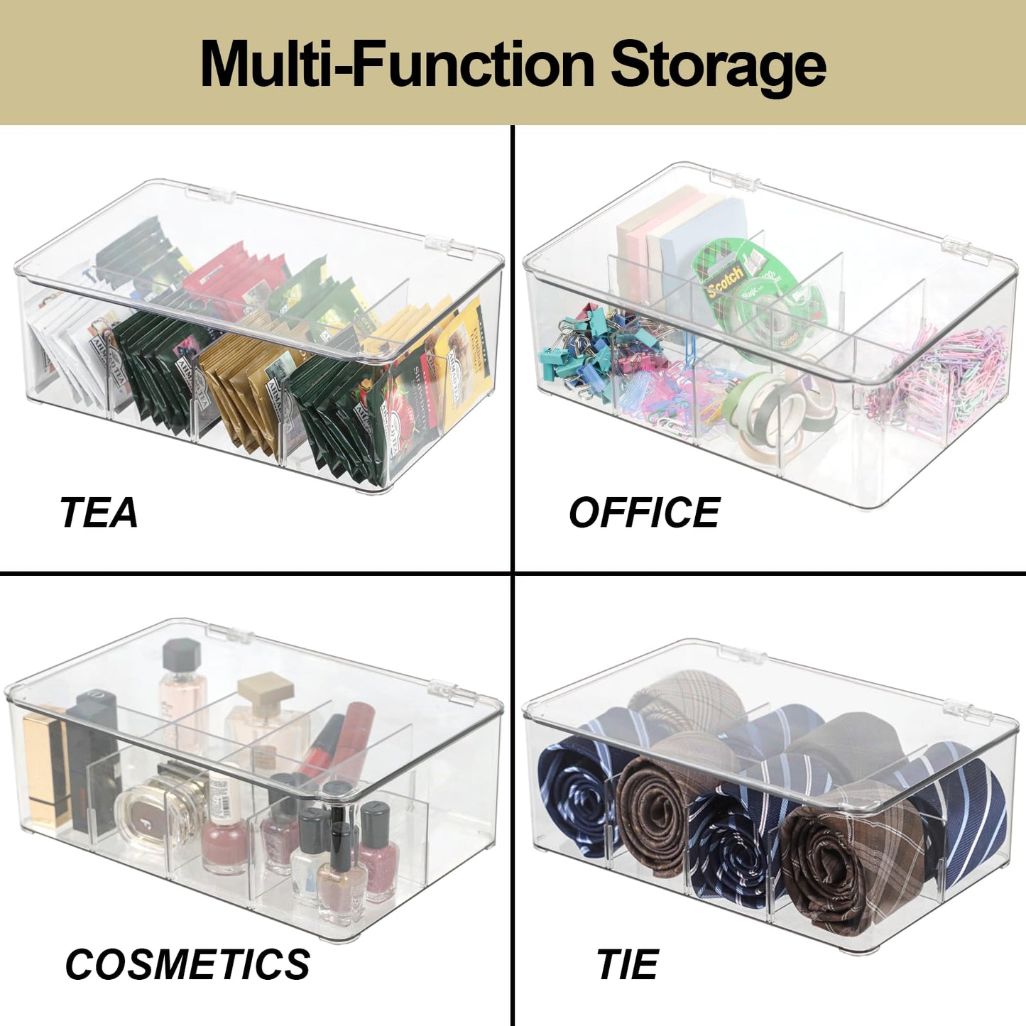 ZEXALOR Plastic Clear Storage Containers, Set of 2 Tea Bag Organizer Boxes 8 Compartments with Lids, Underwear Tie Drawer Organizer, Dresser Organizer (10.8×7×3.7")