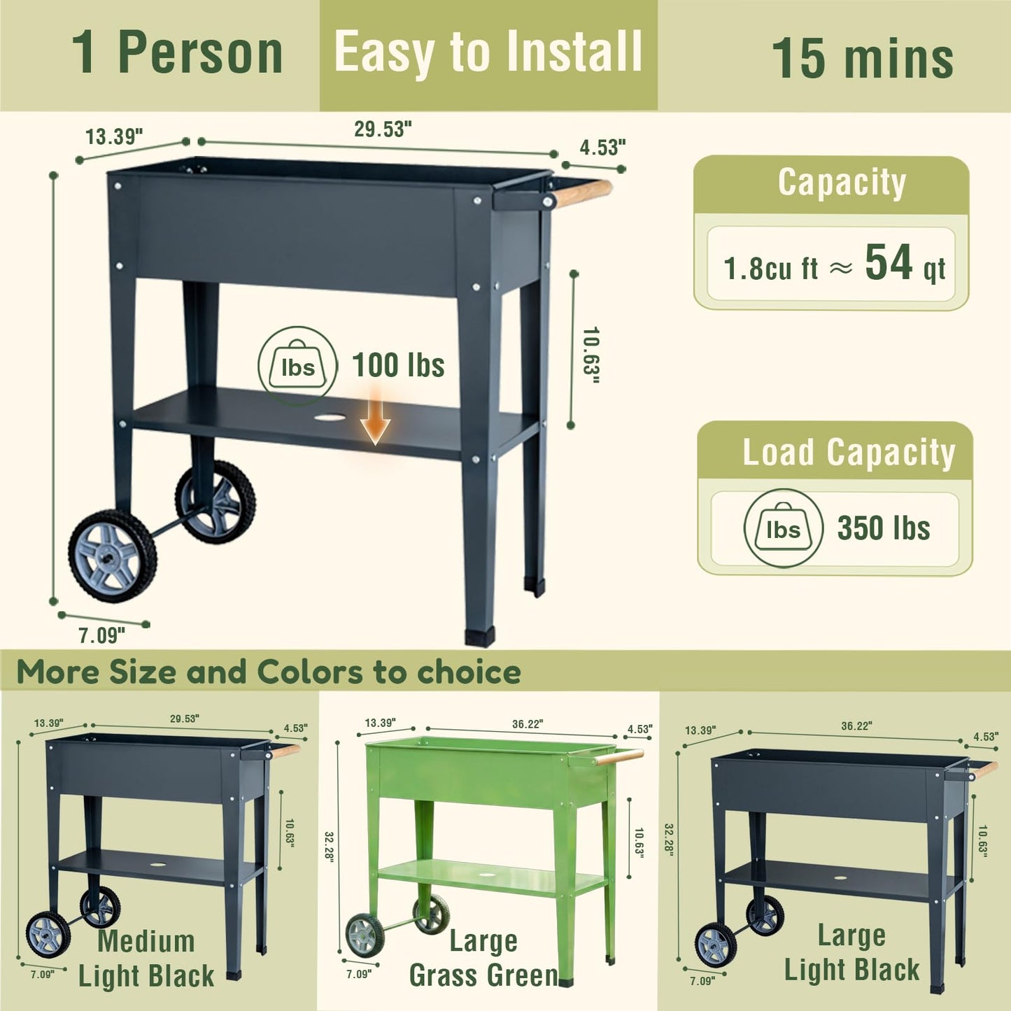 Growvy Raised Garden Bed Outdoor with Wheels, Leg and Wooden Handle, 29.5x13.4x32.3in, 350lb Cap, Metal Elevated Raised Planter Box for Herb, Vegetable, Perfect for Backyard, Balcony, Light Black