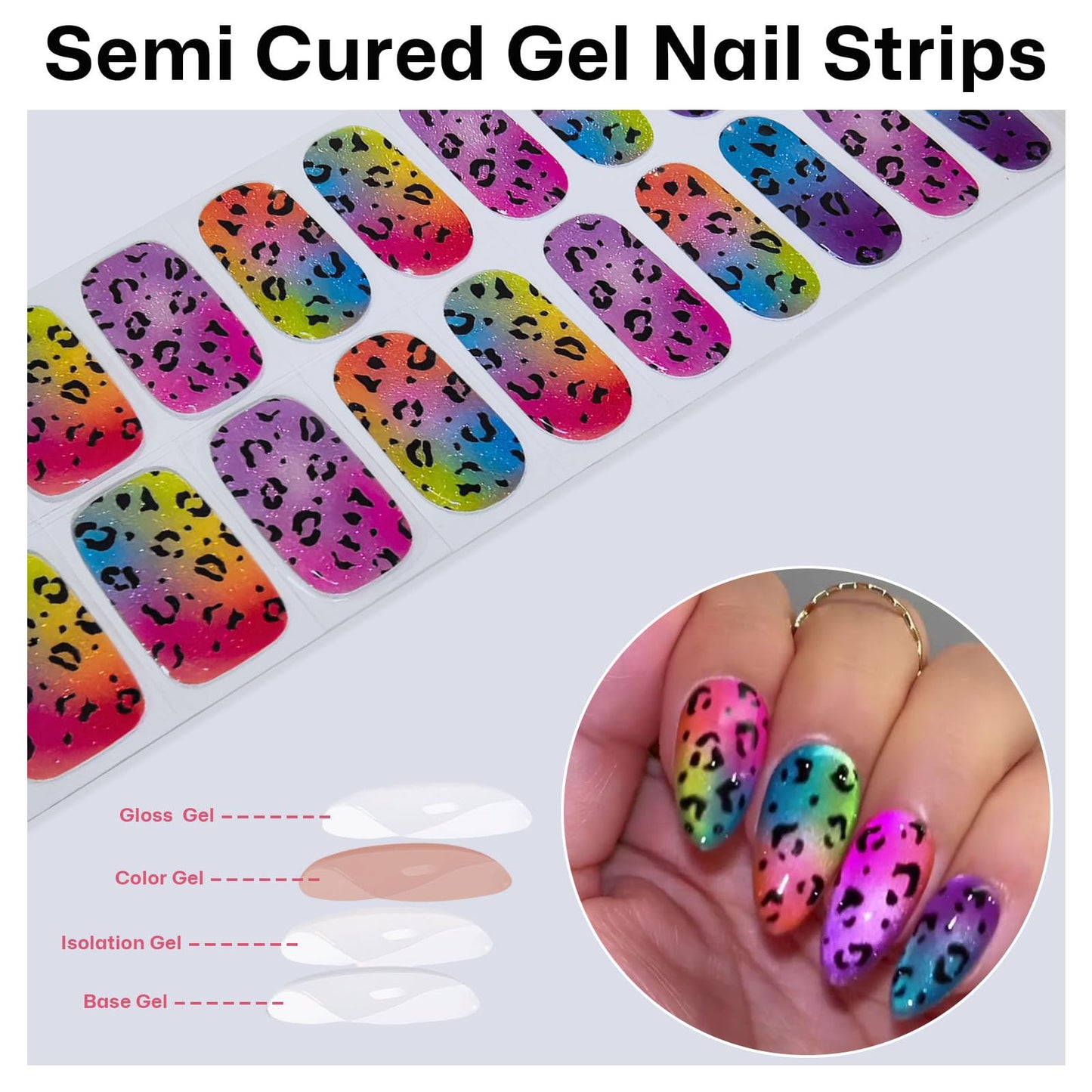Semi Cured Gel Nail Strips with Gradient Leopard Gel nail stickers Colorful Glitter Nail strips Salon Quality & Easy to Use 20 Pcs for Women