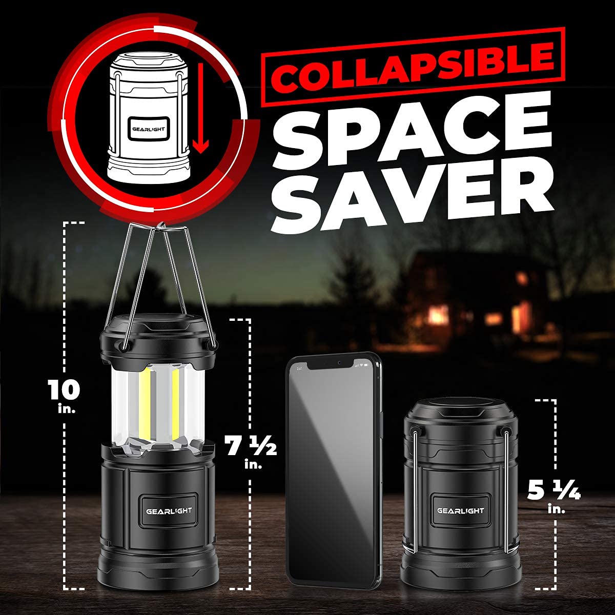GearLight Camping Lantern - 2 Portable LED Battery Powered Lantern with Magnetic Base and Foldable Hook for Emergency Use or Campsites, Essential Hurricane Survival Kit with Batteries - Black
