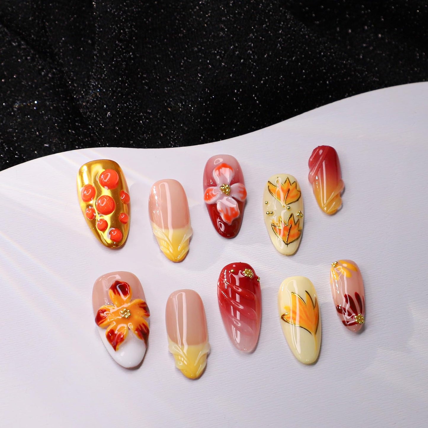 Handmade Press on Nails Fall Medium Almond Fake Nails Yellow Gradient Flower & Autumn Leaves Designs Full Cover Thickened Salon Quality False Nail French Acrylic Nails Stick on Nail for Women（Size M）