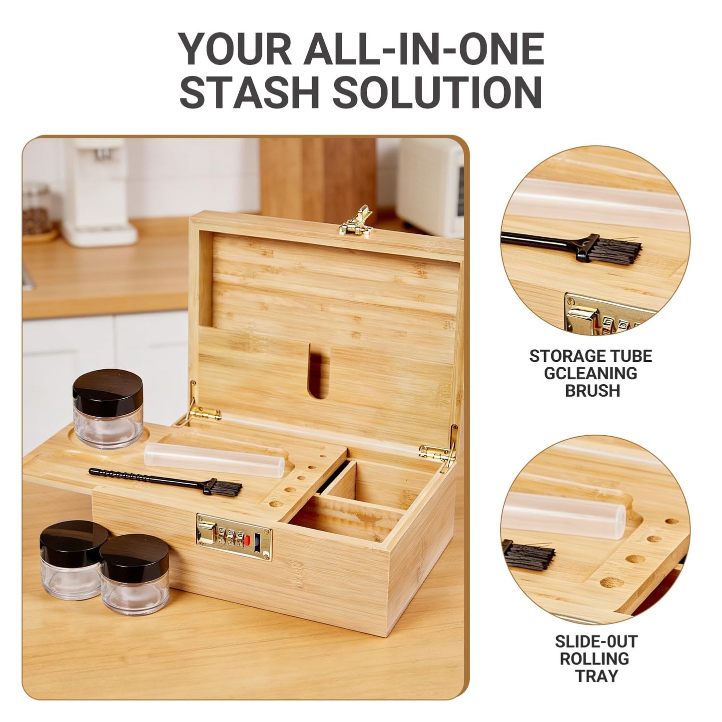 Bamboo Wood Desktop Organizer with 3 Glass Jars and Sliding Tray - Red Multi-Compartment Storage Case for Craft Supplies, Stationery, and Small Accessories (Natural wood colour)