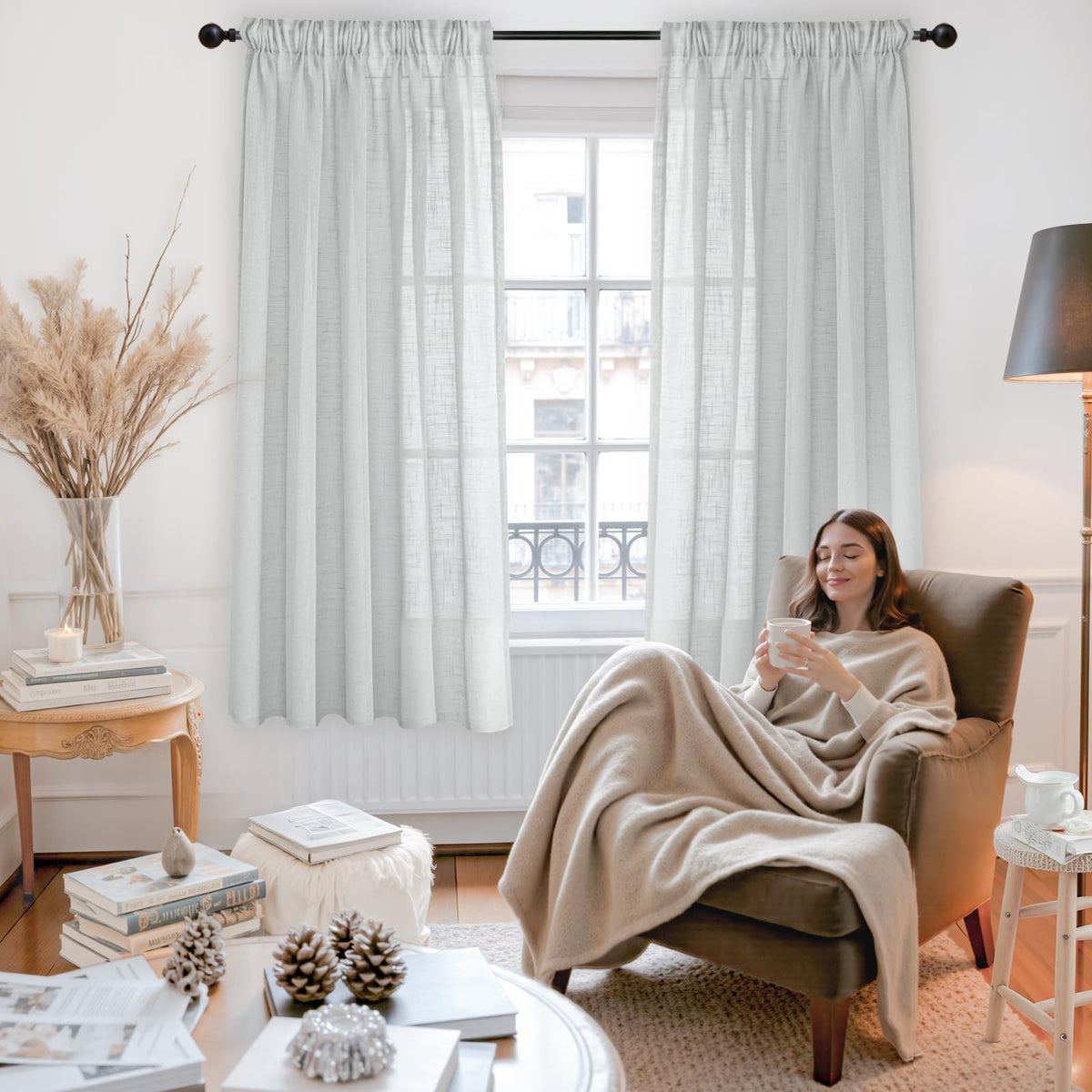Light Grey Linen Curtains 63 Inch Length for Living Room Window (2 Count)