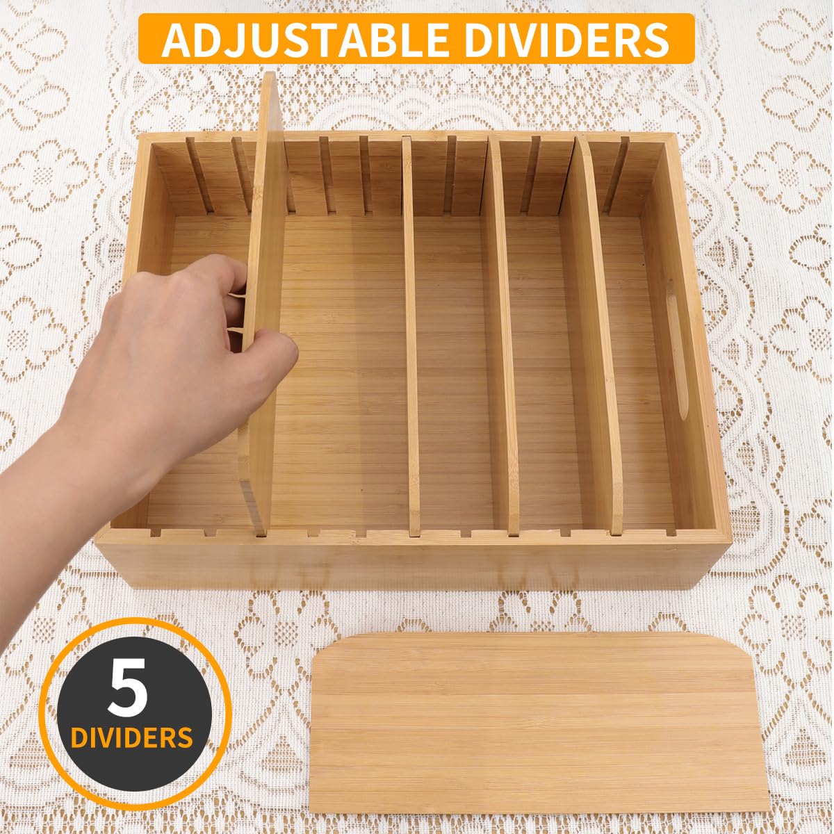 XiaoyuziTF Bamboo Lid Holder Food Container, Kitchen Organizer with 5 Adjustable Dividers, Cabinet Organizer for Food, Kitchen Gadget, Container Lids (2pcs)