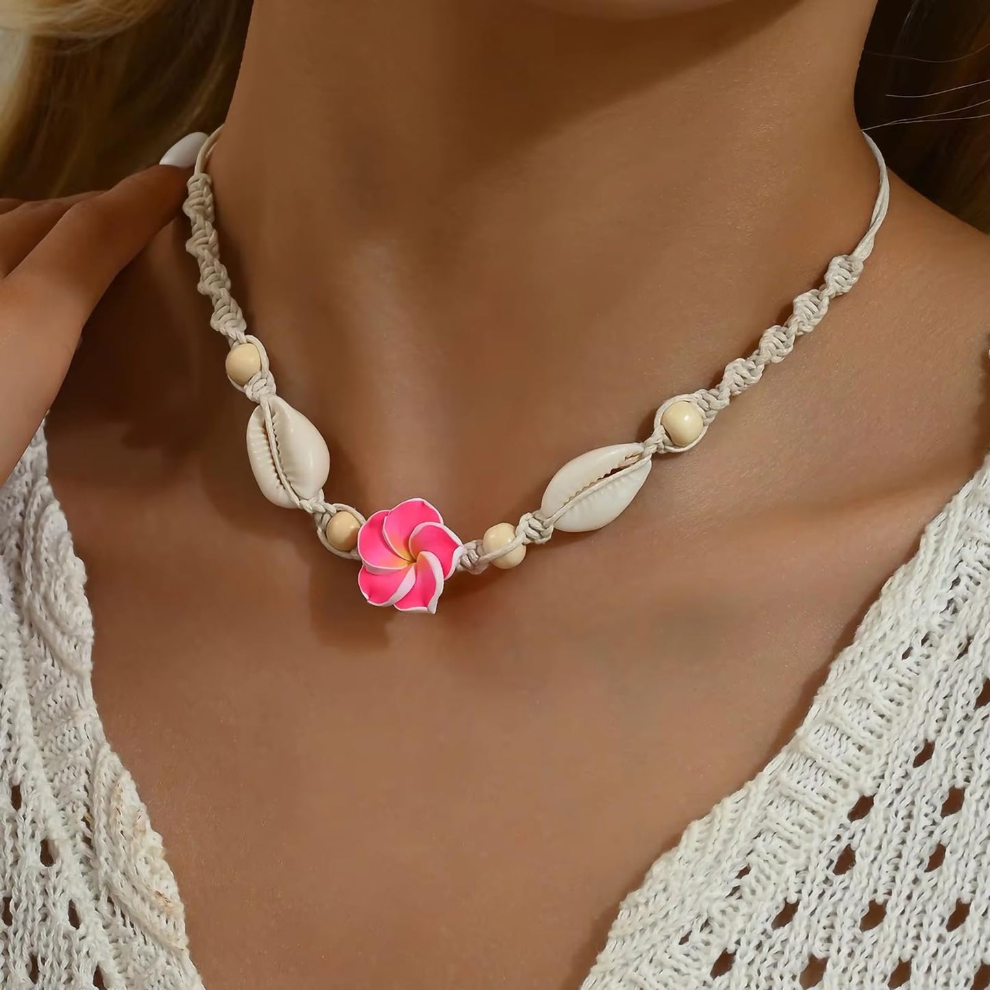 Nackiy Handmade Sea Shell Necklace Choker For Women Summer Adjustable Natural Shell Collar Necklace (Pink Flower)