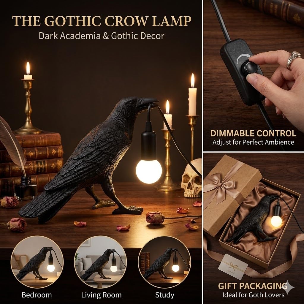OVANUS Crow Lamp Gothic Decor, Raven Table Lamp with Adjustable Brightness, Dark Academia Aesthetic Night Light for Bedroom, Halloween Black Bird Lamp, Unique Gift