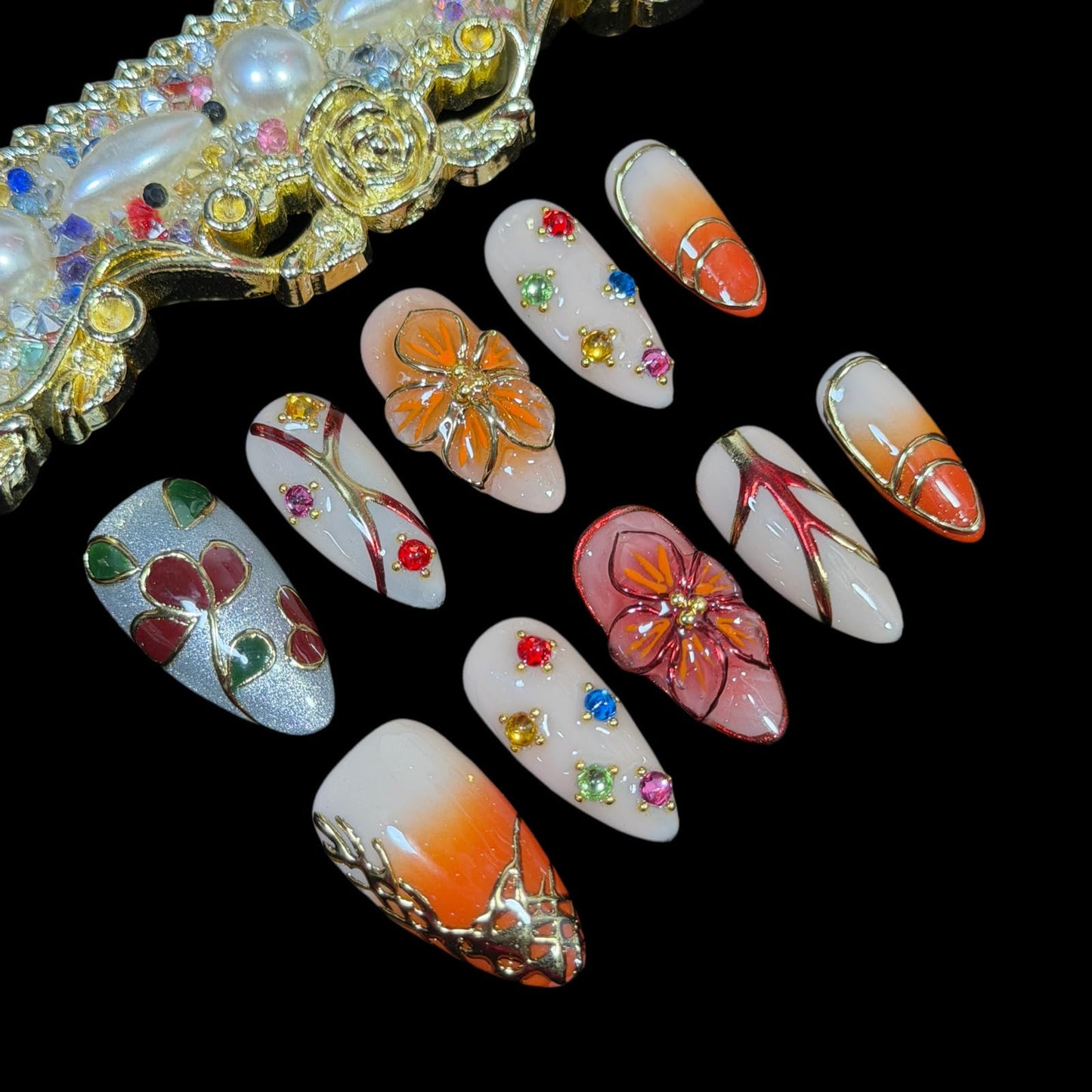 Handmade Press On Nails, Golden Ember Bloom, Luxury Sunset Ombre, Medium Almond Shape with 3D Floral Design, Crystal Accents, Acrylic False Nails Set, Gold Foil Outline (L)