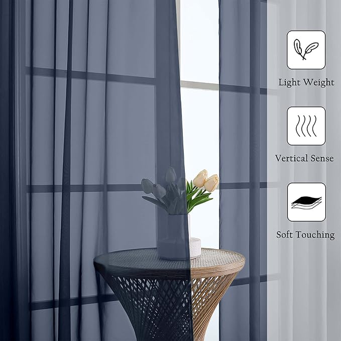 Lecloud Navy Blue Sheer Curtains 90 Inches Long 2 Pcs, Soft Airy Light Filtering Home Decor Living Room Curtains for Bedroom, Rod Pockets Window Treatments Solid Drapes, Each Panel 59" W x 90" L