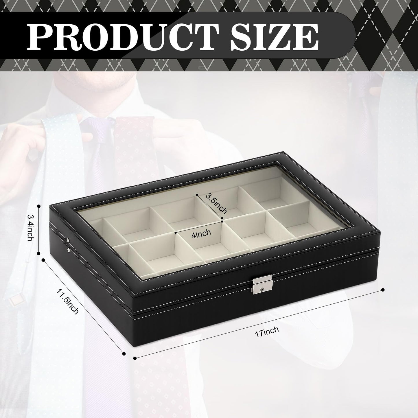AceOrbit Luxury Tie Display Case with Glass Lid – 15 Slot Organizer for Men's Ties & Accessories, Lockable Dresser Storage Box, Elegant Gift for Husband or Father