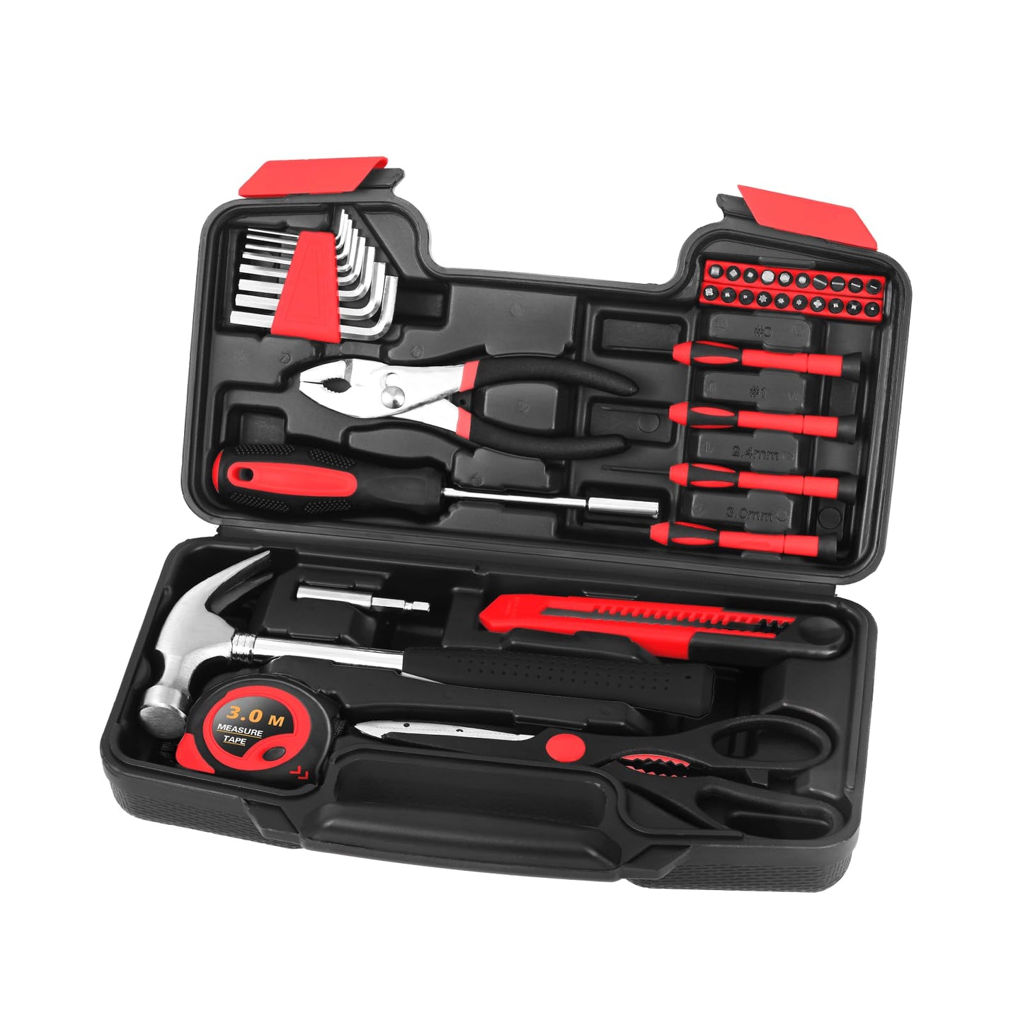 39-Piece Household Tool Set with Toolbox Storage Case - All Purpose Small Hand Tool Kit Includes Essential Tools for Home, Office, College Repairs, Red