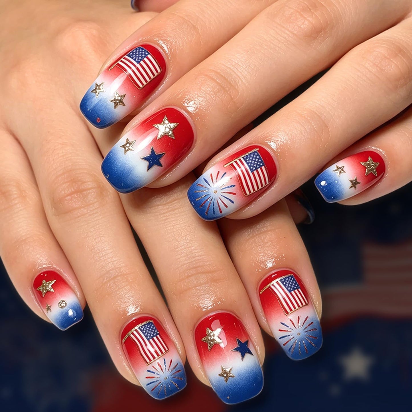 Independence Day Press on Nails Medium Square Fake Nails Gradient US Flag Color Stars Glitter with Fireworks False Nail 4th of July Stick on Glue on Artificial Fingernails for Women Holiday Manicure