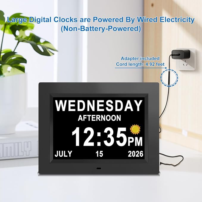 SSINI Dementia Clock Large Digital Calendar for Seniors with Date and Time - Elderly Digital Clock Large Display, 12 Custom Alarms (8 Inch)