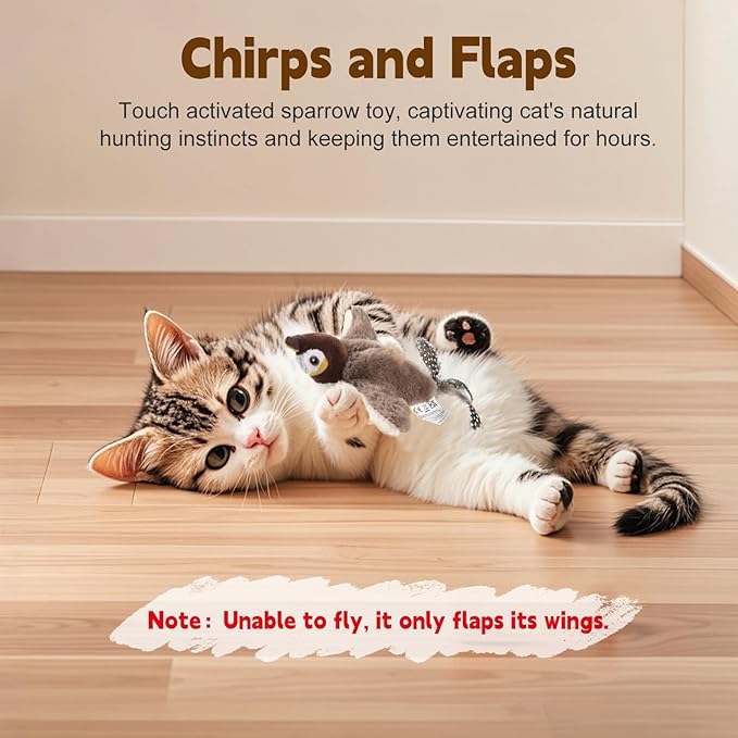 Poreids Chirping Bird Cat Toy - Interactive Flapping Bird Cat Toy for Indoor Cats, Simulated Rechargeable Flappy Sparrow with Catnip Pouch