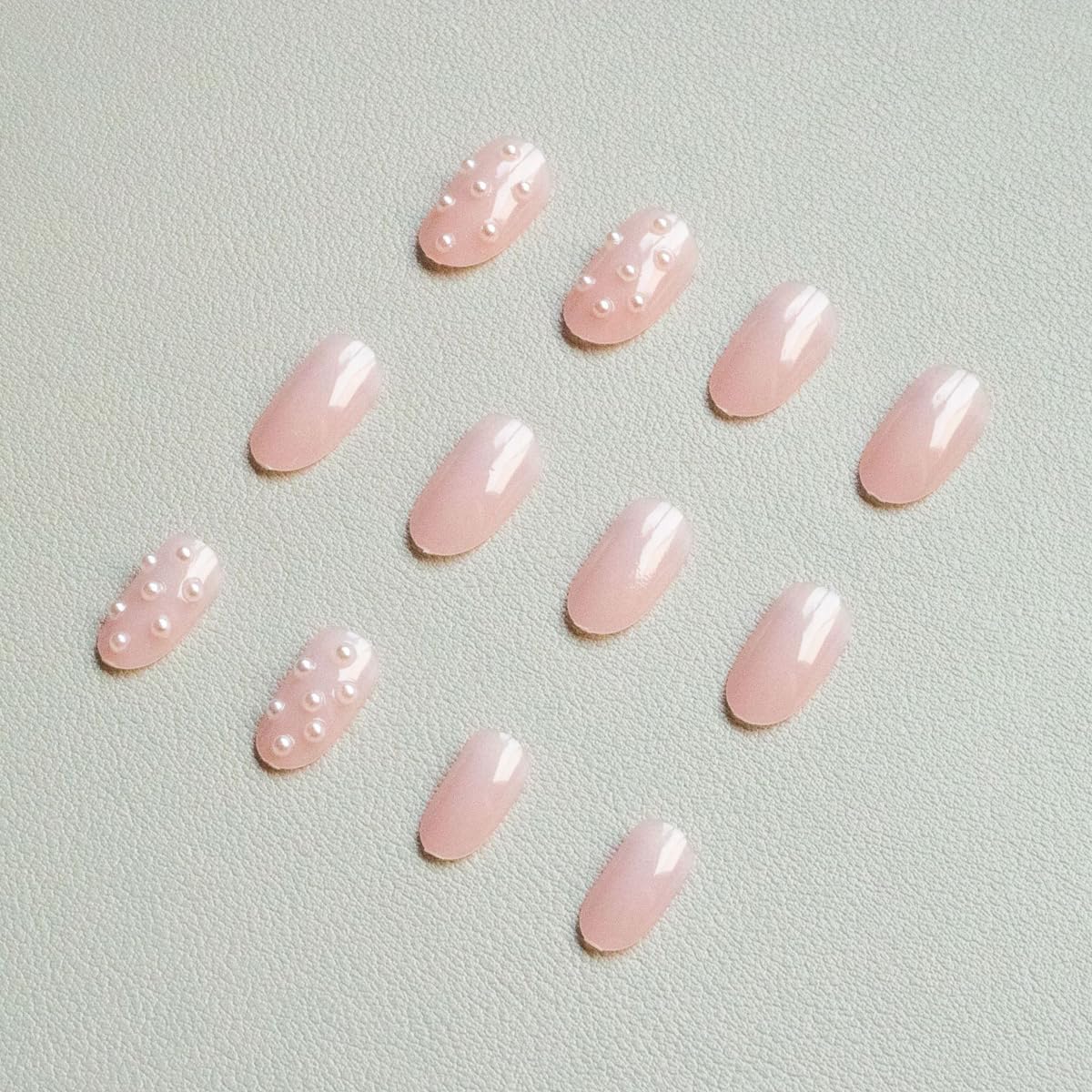 Pink Press on Nails Medium Oval Fake Nails Nude Nails Press ons with 3D Pearl Design,Cute Reusable Artificial Nail Full Cover Stick on Nails for Women Manicure 24Pcs