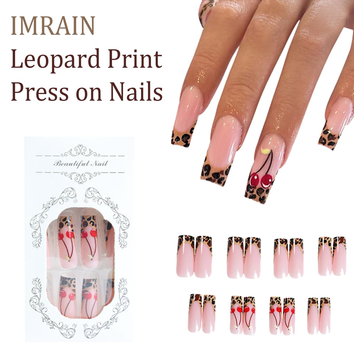 IMRAIN French Press on Nails Long Square Fake Nails Glossy Brown Leopard Print & Cherry Nails Press ons Gel Stick on Nails Full Cover Artificial False Nails for Women